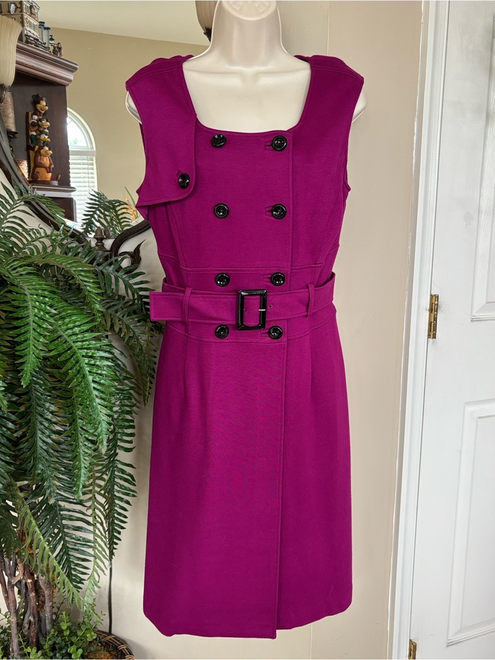 Brand New Tahari Magenta Sleeveless Midi Dress Double-Breasted Buttons Belted